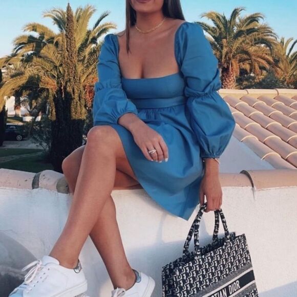 Reformation Michaela Cotton Mini Blue Dress Long Puff Sleeve Size 6 - Picture 7 of 11